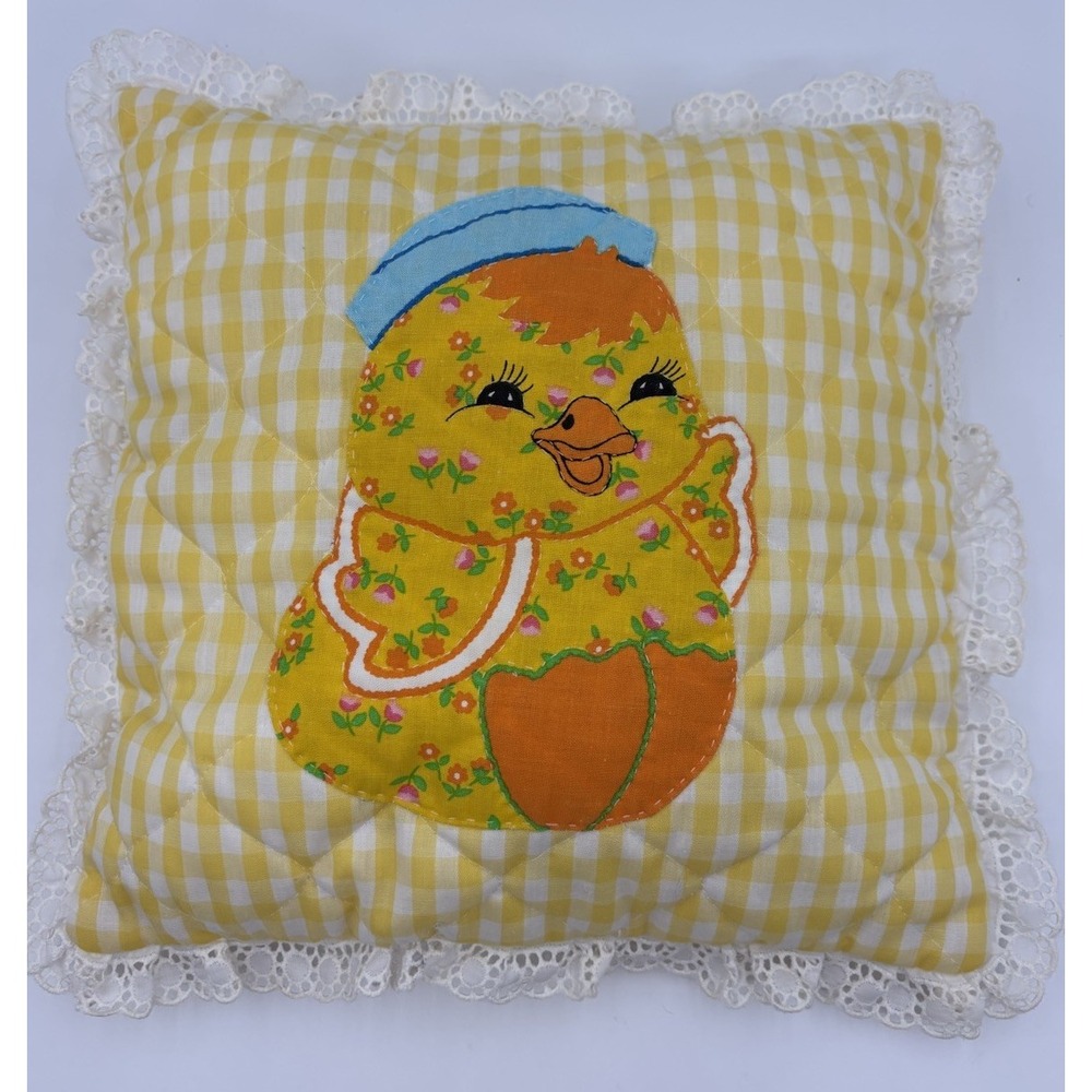 Gingham Pillow Yellow Appliqué Chick Throw Toss Lace Handmade Country Kid Whimsy